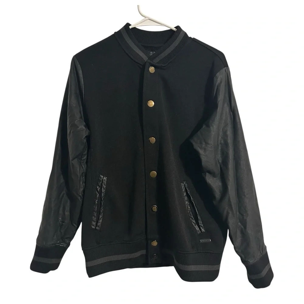 G by Guess Men's Leather Sleeves Button Down Baseball Bomber Jacket